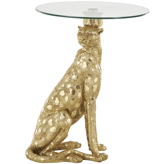 21" x 25" Gold Resin Leopard Sitting Metallic Accent Table with Round Glass Tabletop